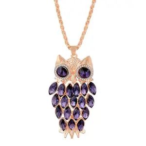 Mahi Rose Gold Plated Swinging Owl-Shaped Long Chain and Big Pendant with Purple Marquise Crystal for Women (PS1101933ZPur)