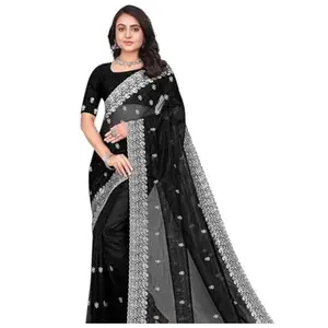 P P K Fashion Women's Black Net Saree with Silver Thread Embroidery, Floral Motif Work and Decorative Lace Border, Includes 5.5 Meter Saree with 0.8 Meter Matching Blouse Piece