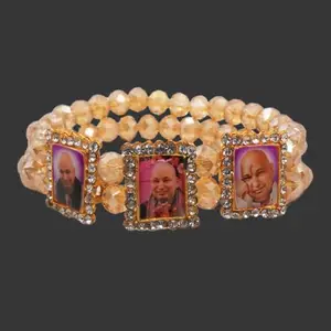 Crystal Beaded Photo Frame Bracelet with Rhinestone Borders, Light Brown Colour, Triple Photo Display