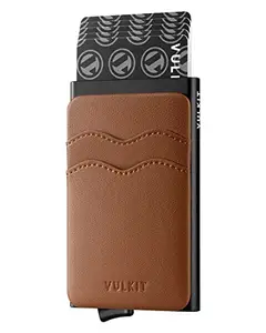 VULKIT Card Holder Pop Up Slim Wallet With Extra Leather Pocket Slots RFID Blocking Credit Card Case for Men and Women Brown