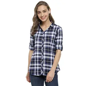 Campus Sutra Women's White Tartan Plaid Button Up Regular Fit Shirtfor Casual Wear | Spread Collar | Long Sleeves | Cotton Shirt Crafted with Regular Sleeve & Comfort Fit for Everyday Wear