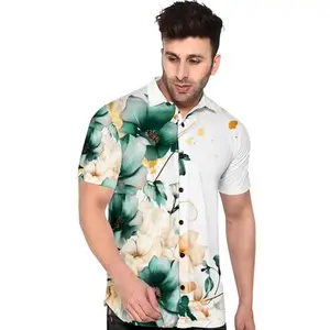 Floral Print Short Sleeve Shirt, White with Green and Beige Flowers, Casual Button Down (in, Alpha, M, Regular, Green)