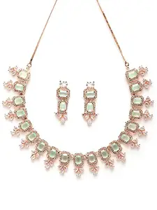 Karatcart Elegant Light Green American Diamond Necklace Set with Rose Gold Finish for Women
