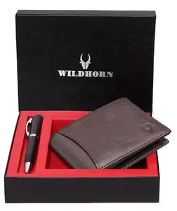 WildHorn ® RFID Protected Brown Genuine Leather Men's Wallet and Pen Combo