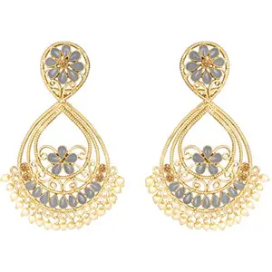JFL - Jewellery for Less Gold Plated Drop Shape Floral Stone Studded Dangler Earrings for Women and Girls (Grey),Valentine