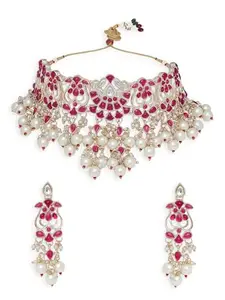 OOMPH Jewellery Maroon Red Kundan & Pearls Jadau Lotus Necklace Set with Drop Earrings For Women & Girls Stylish Latest (NEST15_Z3)- For Women & Girls Stylish Latest