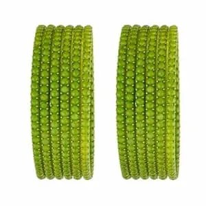 Srijman Glass Bangles Set of 12 for Women | Designer Beaded Gold Accent Chudi Set | Lightweight Traditional Bangles | 20+ Colours Available | Sizes 2.4, 2.6, 2.8