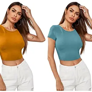 Dream Beauty Fashion Women's Casual Round Neck Short Sleeves Stylish Crop Top - 17 inches (Combo-Tani Yellow & Pista-M)