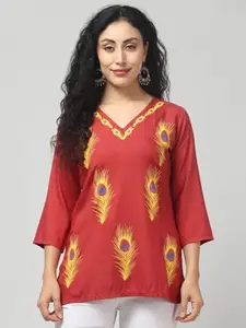 Primium Shahi Collection Womens Rayon V Neck Printed Short Kurti Maroon