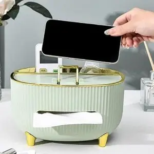 Calyrex Elegant Tissue Box Holder, Tissue Box Cover Case Napkin, Tissue Storage Box, Tissue Holder Case for Office Home Decoration with Mobile Stand and Two compartments for Jewlery Makeup Brush Etc