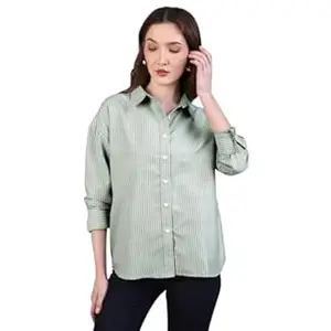 Urbano Fashion Women's Cotton Full Sleeve Oversized Fit Casual Striped Shirt with Spread Collar