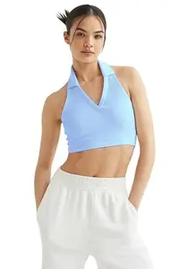 SIGHTBOMB Ribbed Polo Collar Halter Spaghetti Tops for Women (Small-Medium, Powder Blue)