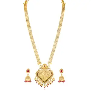 Peora Gold Plated Rani Pink & Green Synthetic Stone Studded Long Necklace & Jhumki Earrings Traditional Jewellery Set Gift for Women