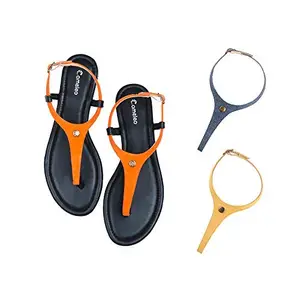 Cameleo -changes with You! Women's Plural T-Strap Slingback Flat Sandals | 3-in-1 Interchangeable Strap Set | Orange-Leather-Dark-Blue-Yellow