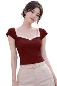 TIVANTE Solid Sweetheart Neck Lace Tops for Woman Stylish Western | Ribbed Tops for Woman | Korean Bow top for Women