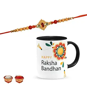 Manonita Rakhi Gift for Brother, bhaiya bhabhi, Gift Set (Rakshabandhan Mug, Roli,Chawal) BLACKMUG-5-BI