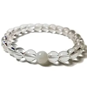 RRJEWELZ 8mm Natural Gemstone Clear Quartz With Moonstone Round shape Smooth cut beads 7.5 inch stretchable bracelet for men. | STBR_RR_M_02885