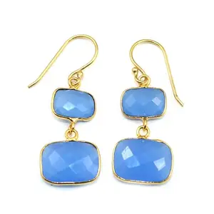 KHN Fashion Blue Chalcedony Rectangle Shape Gold Plated Boho Earring