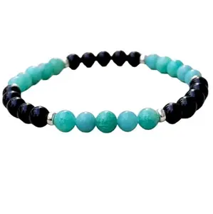 Lady Works Natural Amazonite & Black Tourmaline 8mm Round Shape Smooth Cut Beads 6.5 Inch Stretchable Bracelet For Men & Women. Unisex Bracelet For Healing, Meditation, Prosperity & Luck|LW_BRST_00248_6.5
