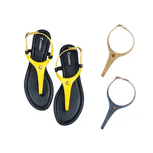 Cameleo -changes with You! Women's Plural T-Strap Slingback Flat Sandals | 3-in-1 Interchangeable Strap Set | Yellow-Leather-Olive-Green-Dark-Blue
