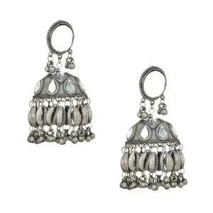 Atibelle Oxidised Silver-Plated German Silver Mirror studded Dome shape Ghungroo Earrings