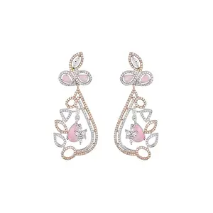 Voylla Sparkling Elegance Pink and White CZ Floral Drop Earrings