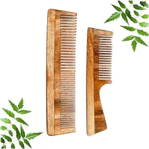 Dual Tooth Comb And Neem Wooden Comb With Handle Combo | Handcrafted - For Anti Bacterial, Anti Dandruff And Hair Fall Treatment