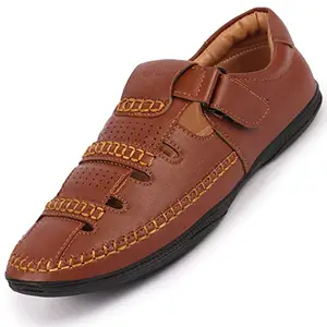 FAUSTO FST FOSMS-2009 TAN-41 Men's Tan Stitched Roman Sandals with Ankle Strap (7 UK)