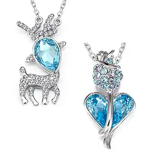 Okos Rhodium Plated Crystal Jewellery Combo Of 2 Reindeer And Heart Alloy Pendant With Blue Crystals With Chain For Girls And Women CO1000381