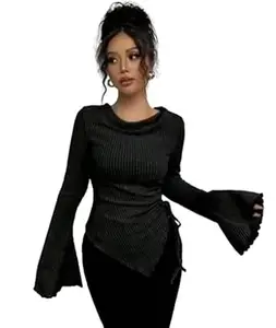 GORBETALI Ribbed Bell Sleeve | Round Neck Slim Fit Stretchable for Casual