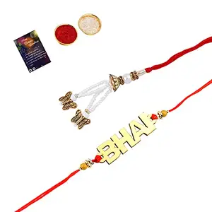 Elegant Bhaiya Rakhi " BHAI" Designe With Designer Bhabhi Rakhi Combo With Roli Chawal And Greeting Card -580