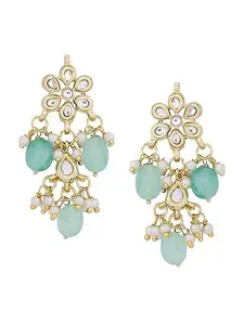 Women's Brass Gold-Plated Kundan-Studded Beaded Classic Drop Earrings, Gold, Onesize, Pack Of 1