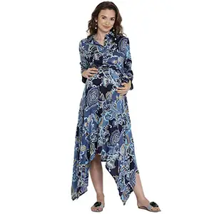 Side Knot Women's Maternity Blue Sustainable Rayon Floral Print Maternity Maxi Dress/Pre & Post Maternity/Nursing Midi Dress/Kurti with Both Sides Zipper for Easy Feeding (Size-XXL)