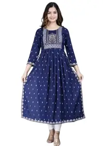 AANAYA Fashion Women's Styilsh Rayon Printed Nayra Cut Ethnic Dress Kurti. Handwork Elegant Fashionable Designed (X-Large, Blue)