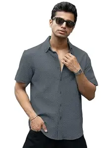 WIZOON Shirt for Men | Half Sleeves | Men’s Black Textured | Cotton Blend Shirts | Casual Shirt's | Spread Collar | Short Sleeves | Regular Fit