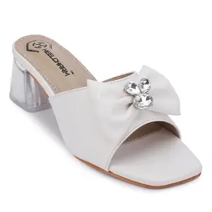 HEELCHARM Women's Block Heel Mules with Crystal Bow Square Toe Clear Lucite Heel, Party, Wedding & Casual Wear Chic & Comfortable Heeled Mules for Women