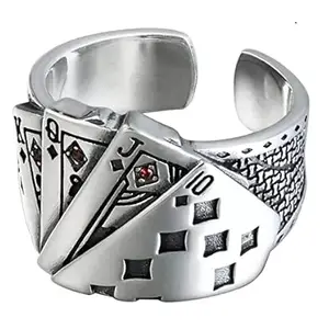 AJS Stainless Steel Ace King Queen Jack Playing Card Stylish Biker Adjustable Ring for Men Boys (Silver)