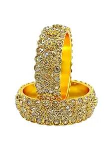 Traditional Gold-Plated Kundan Bangles with Crystal Stones, Set of 2, Wide Design (2.8)