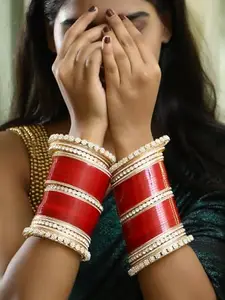 Adwitiya Collection Women Gold Plated Flower Design Red Bridal Stone Kundan Wedding Chuda(2.6)