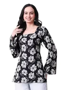 MEERA FAB Women's Floral Printed Cotton Short Kurta | Floral Printed Kurta with Full Sleeves | Short Kurti for Women