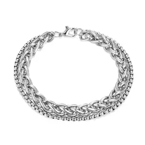 Inites Stainless Steel Dual Layer Chain Bracelet for Men, Silver, Punk Braided Wheat Curb Cuban Rope Design