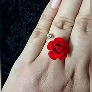 (Pack of 2) Red Rose Flower with Crystal Stone Finger Ring for Girls & Women, Valentine Gifts for Girlfriend/Wife