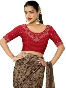 MRSWEARS Women's Regular Fit Readymade Stretchy Elbow Length Embroidered Saree Blouse