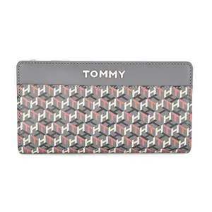 Tommy Hilfiger Foraker Leather Zip Around Wallet Handbag For Women - Dk. Grey, 10 Card Slots