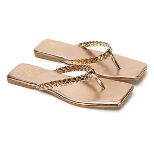 DIPYO Casual Trendy T-Strap Shine Flat Sandals For Women & Girls | (Gold, 40)