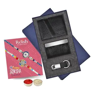 Relish Raksha Bandhan Gift Hamper | 2 Rakhi, Card Holder, Wallet, Keychain, Roli Chawal Pack, Greeting Card | Rakhi Gift Combo for Brother