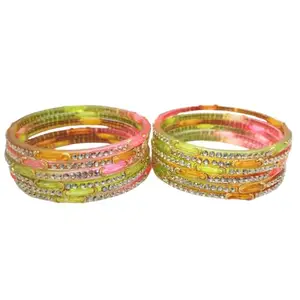 Traditional Bangles Set with Crystal Stones, Pink and Yellow Ombre Design, Set of 12pcs (2-6)