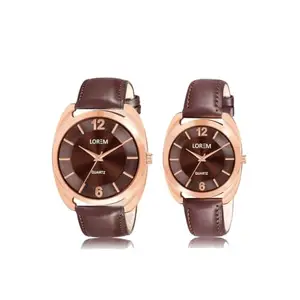 LOREM Combo of Stylish Synthetic Leather Brown Dial Round Watches for Couple-LR77-LR324-FZ