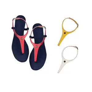 Cameleo -changes with You! Cameleo -changes with You! Women's Plural T-Strap Slingback Flat Sandals | 3-in-1 Interchangeable Leather Strap Set | Red-Yellow-White