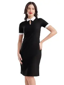 FableStreet Contrast Collar Rib Knit Dress - Black and White